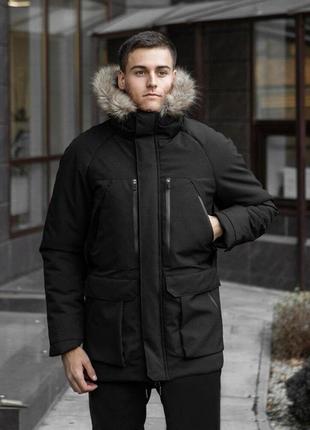 Чоловіча парка зимова куртка подовжена з хутром на капюшоні тепла туреччина чорна. живе фото. чоловіча куртка4 фото