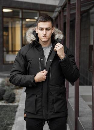 Чоловіча парка зимова куртка подовжена з хутром на капюшоні тепла туреччина чорна. живе фото. чоловіча куртка2 фото
