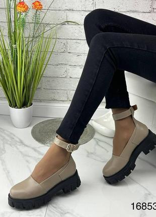 Стильні натуральні шкіряні туфлі темно-бежевого кольору, жіночі комфортні туфлі з ремінцем