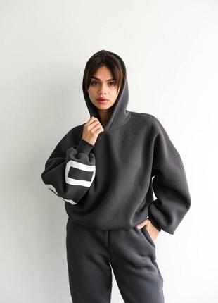 Костюм оверсайз худи с капюшоном рукав манжет качественный накат по спинке и рукаве штаны на резинке с карманами ткань трехнить пенье турция