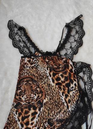 Леопардовый пеньюар пенюар ночнушка с принтом черным гипюром кружевное платье домашнее с завязками10 фото