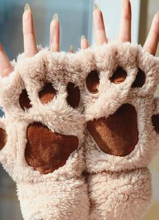 Перчатки митенки варежки пальчики полупальчики лапки лапка без пальчиков пушистые кошки для детей детские