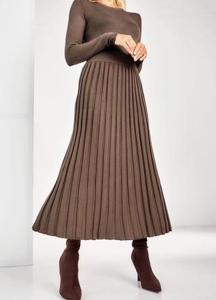 Женская вязанная юбка плиссе шоколадного цвета. модель 2025 trikobakh.