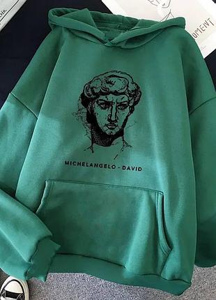 Худи оверсайз с капюшоном кофта свободного кроя ватник с принтом на флисе стильное бежевое серое белое зеленое