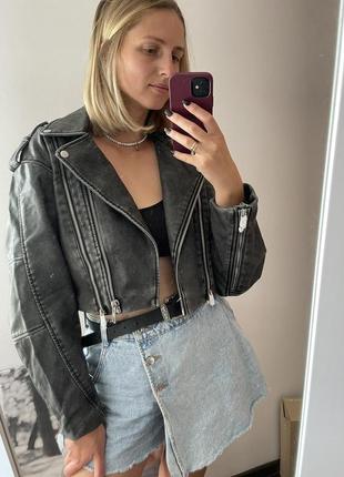 Косуха кожанка з потертостями зара zara куртка укорочена трендова стильна новинка
