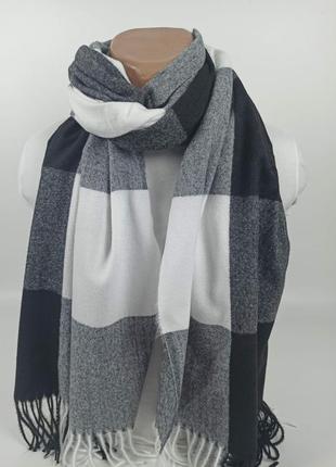 Базовий вовняної кашеміровий шарф палантин в клітку білий чорний новий якісний1 фото