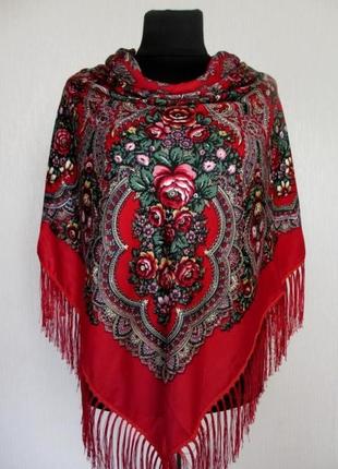 Українська національна хустка, национальный платок с бахромой, красный, в расцветках2 фото