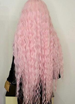 Парик на сетке lace front wig розовый кудрявый термостойкий с пробором +шапочка под парик в подарок!3 фото