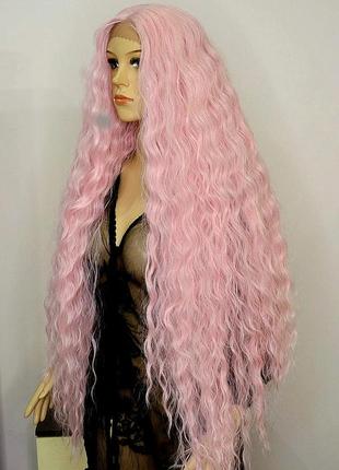 Парик на сетке lace front wig розовый кудрявый термостойкий с пробором +шапочка под парик в подарок!2 фото