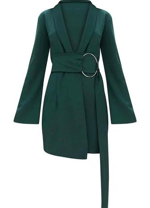 Смарагдове плаття на запах з поясом зелена туніка з рукавами prettylittlething2 фото