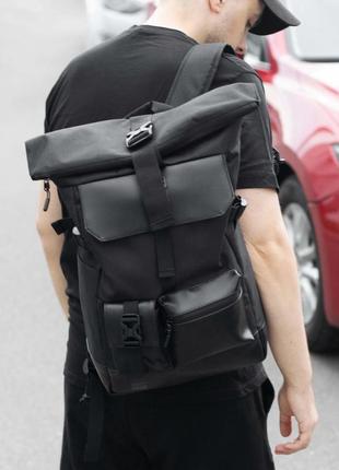 Качественный городской рюкзак roll top черный тканевой с отделением для ноутбука на 20-25 литров рол