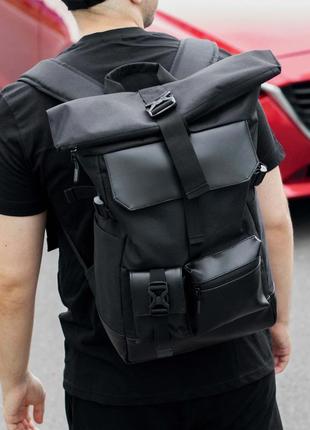 Качественный городской рюкзак roll top черный тканевой с отделением для ноутбука на 20-25 литров рол2 фото