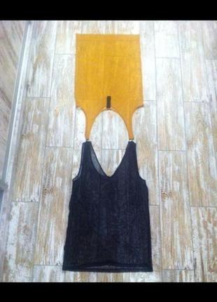 Стильная двойная горчичная черная прозрачная майка-сетка guess с-m