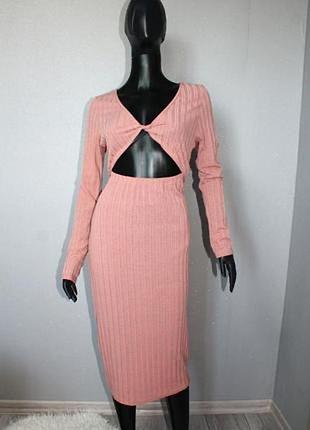 Стильное крутое пудровое розовое платье-топ миди в рубчик с вырезами м -л англия