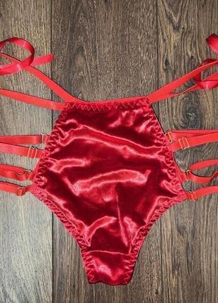 Крутые эффектные высокие красные велюровые бархатные трусики с резинками -полосками м