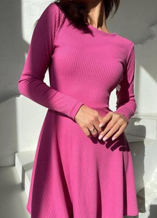 Женский розовый барби малиновый элегантное платье «колокольчик» рубчик мустанг турция тренд 20232 фото