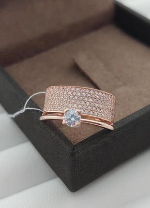 Серебряное двойное кольцо с позолотой и фианитами широкое3 фото