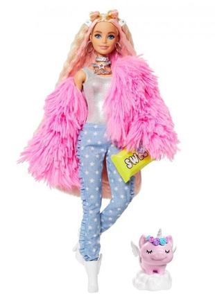 Лялька barbie "екстра" у рожевому пухнастому жакеті