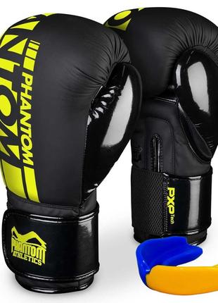 Боксерские перчатки спортивные тренировочные для бокса phantom black/yellow 12 унций (капа в подарок) ku-221 фото