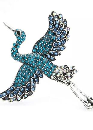 Роскошная брошь булавка журавль в сине-голубых камнях