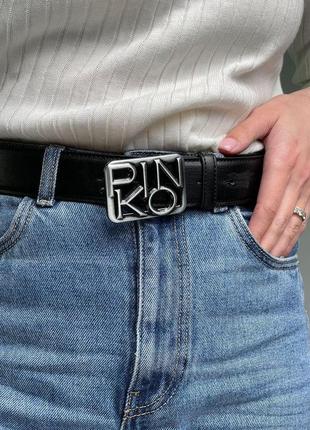 Жіночий ремінь пінко чорний пояс pinko text leather belt black/silver