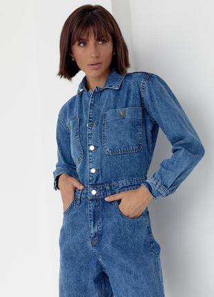 Женский джинсовый комбинезон с длинными рукавами5 фото