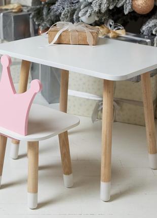 Детский белый прямоугольный столик и стульчик корона розовая. столик для игр, уроков, еды. белый столик