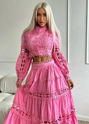 Костюм в стиле zimmermann блуза топ укороченная юбка длинная органза нарядный розовый