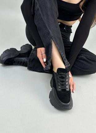 Стильные черные кроссовки женские, на платформе, на толстой подошве, деми, осенние, замша+кожа,женская обувь6 фото
