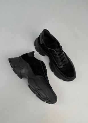 Стильные черные кроссовки женские, на платформе, на толстой подошве, деми, осенние, замша+кожа,женская обувь4 фото