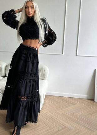 Костюм в стиле zimmermann рубашка укороченная юбка длинная черный нарядный
