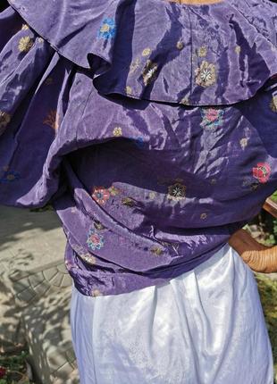 Шелковая с вискозой ручная роспись цветы блуза с жабо рюши на запах рукав фонарик lion d'or suisse4 фото