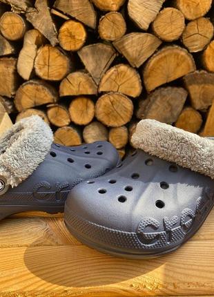 Утепленные crocs baya lined fuzz strap original унисекс navy/grey