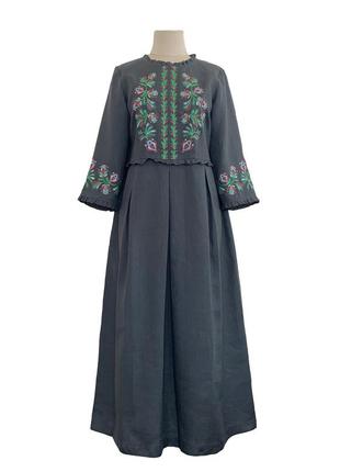 Платье ява льняное темно серое, с вышивкой, галерея льна, 44-56рр.