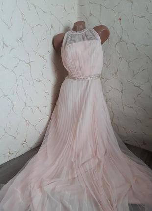 Длинное платье плиссе для торжеств розовое/персиковое 46 р