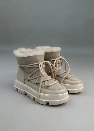 Трендовые молочные угги женские, зимовые, ботинки на зиму, кожаные/кожа-женская обувь