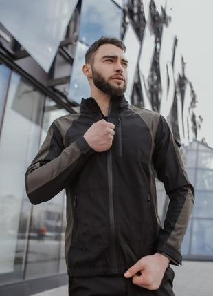 Куртка вітровка чоловіча повсякденна водоневпроникна без капюшона чорна з хакі демісезонна8 фото