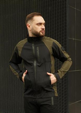 Куртка вітровка чоловіча повсякденна водоневпроникна без капюшона чорна з хакі демісезонна3 фото