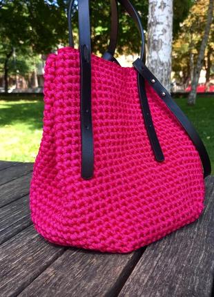 Сумка шоппер, вязаная, плетеная, фуксия