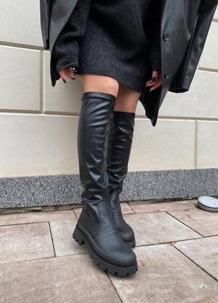 Кожаные ботфорты до колена женские, черные, матовые, трендовые, осенние, зимние, демисезонные2 фото
