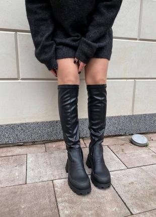 Кожаные ботфорты до колена женские, черные, матовые, трендовые, осенние, зимние, демисезонные4 фото
