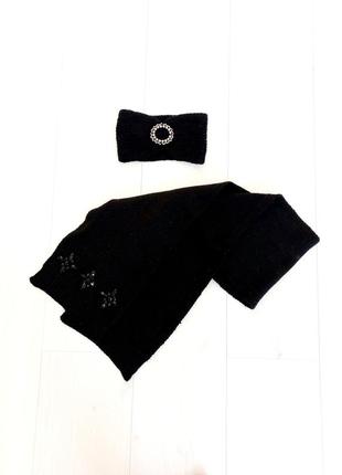 Пов'язка h&m тепла чорна з брошкою шарф комплект набір