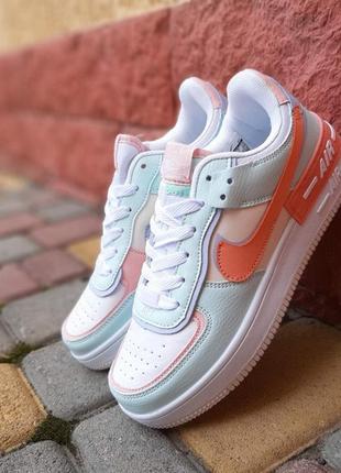 Nike air force 1 shadow білі з бірюзою і пудрою кросівки жіночі шкіряні відмінна якість кеди найк шадоу форс осінні