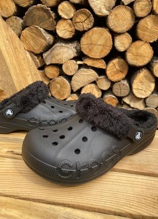 Чоловічі утеплені крокс  crocs baya lined fuzz-strap clog black