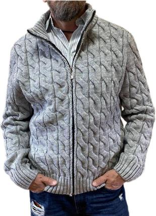 Вязаный теплый мужской свитер светло-серый с молнией, размеры от xl до 3xl