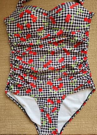 Кцпвльник сдельный m сплошной цельный завязка на шее чашка паралон бикини приталенный принт клетка вишня геометрия ягода природа листья