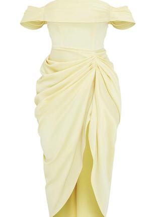 Вечернее желтое сатиновое платье желтое платье с разрезом миди1 фото