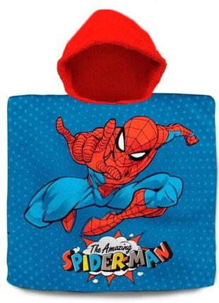 Детское пляжное полотенце-пончо с капюшоном спайдермен (человек паук) для мальчика 3-7 лет