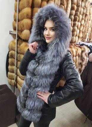 Роскішна шкіряна куртка з хутром чорнобурки1 фото