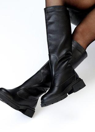 Чорні жіночі чоботи-труби єврозима , шкіряні зимові чоботи9 фото